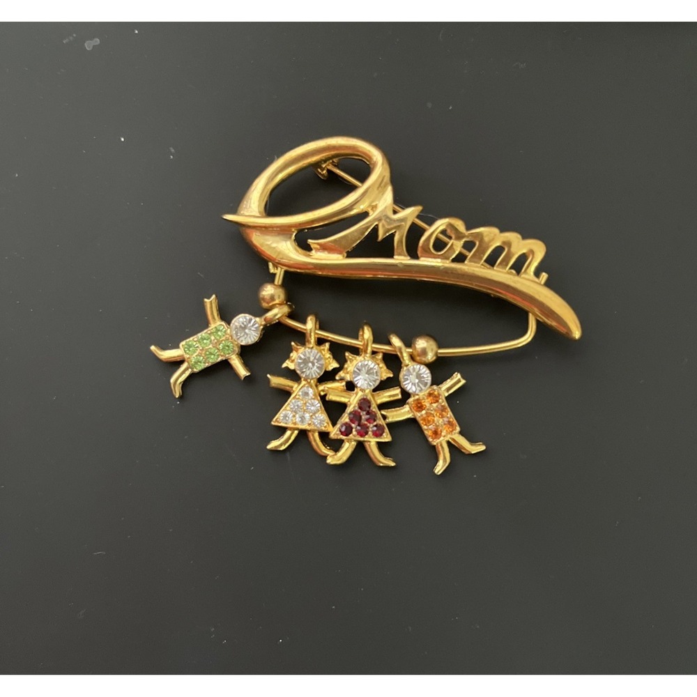MOM Brooch Child Charms Gold Tone Boy‎ Girl USA KIS Signed Rhinestone